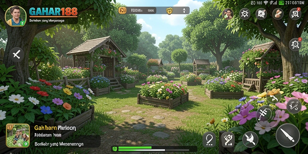 Screenshot gameplay GAHAR188 menunjukkan kebun yang subur dan aktivitas berkebun menarik.