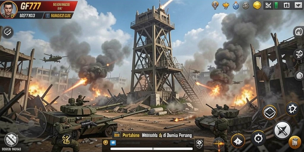 Tampilan gameplay seru dalam GF777 yang menampilkan pertahanan menara.