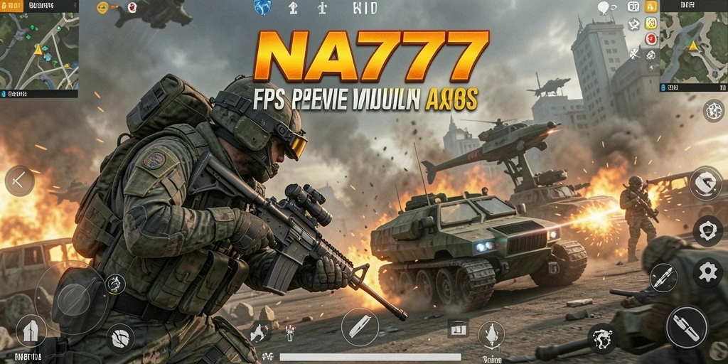 Screenshot utama NA777 menampilkan pertempuran intens dalam mode FPS.
