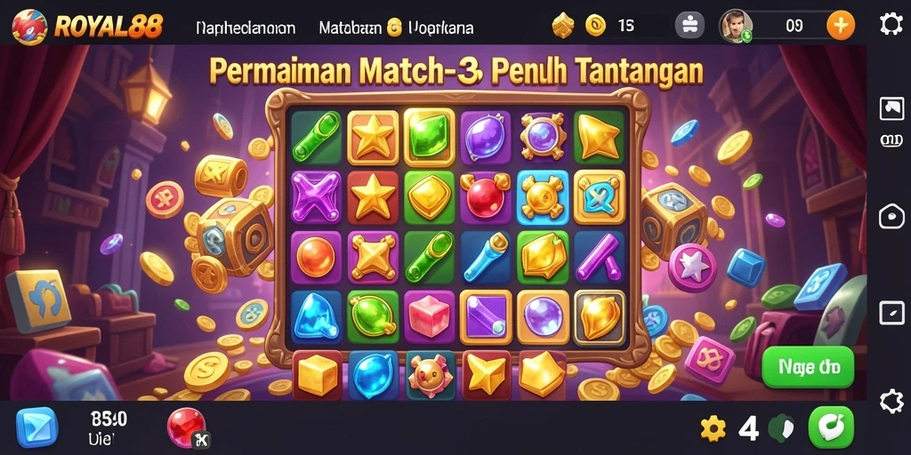 Tampilan gameplay menarik dalam permainan Match-3 ROYAL88.